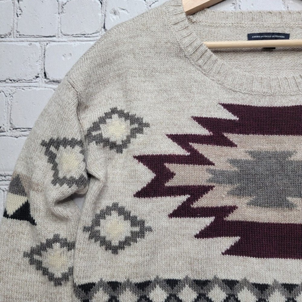 AEO American‎ Eagle Outfitters Wool Blend Brown Tribal Pattern Knit Sweater Sz S - Picture 4 of 12